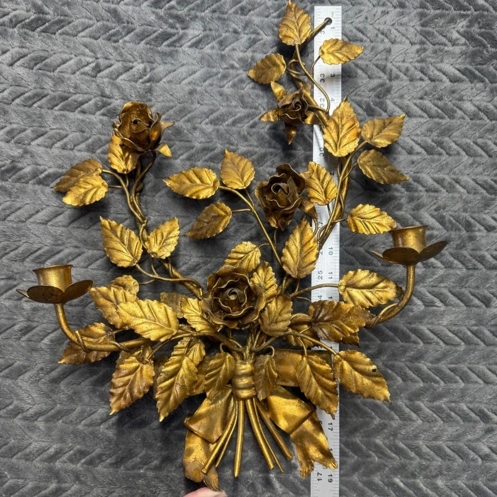 Vintage Gold Gilt Metal Rose Bouquet Wall Sconce Double Candle Holder Florentine